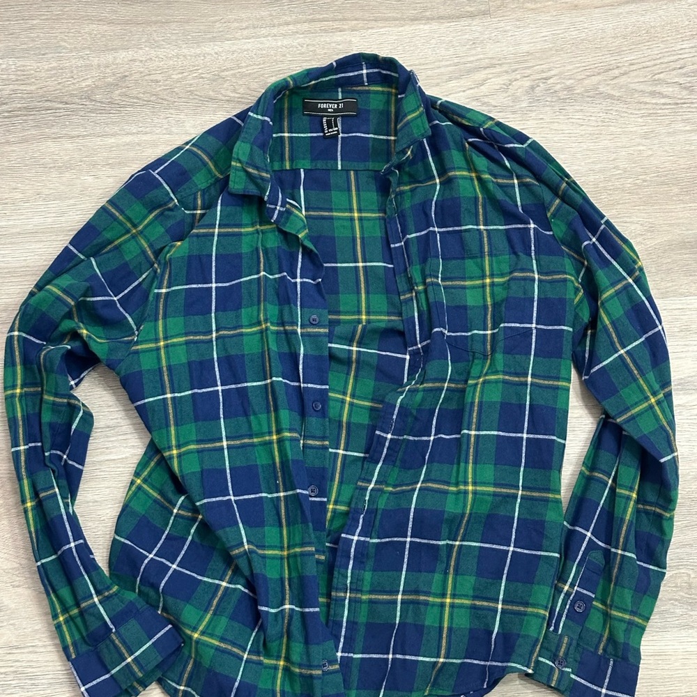 Green and Blue Plaid Button-Up Shirt